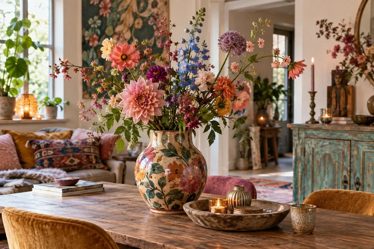 Kleurrijke vaas met kunstbloemen in een warm en creatief interieur